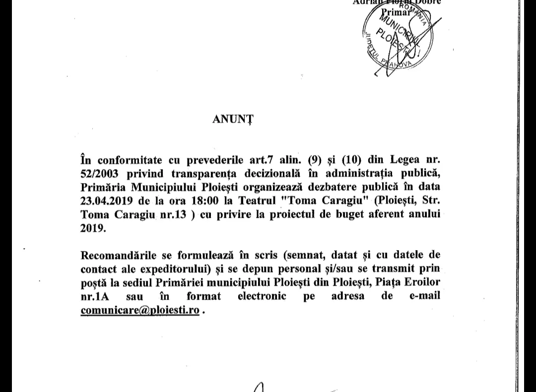 FOTO-DOCUMENT. Primăria Ploiești organizează dezbatere publică pe tema bugetului pe anul 2019