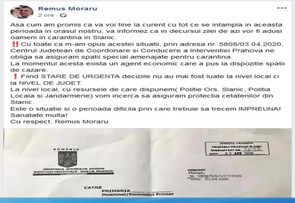 Primarul din Slănic, revoltat că în oraș a fost organizat un centru de carantină! Postarea publică a edilului!