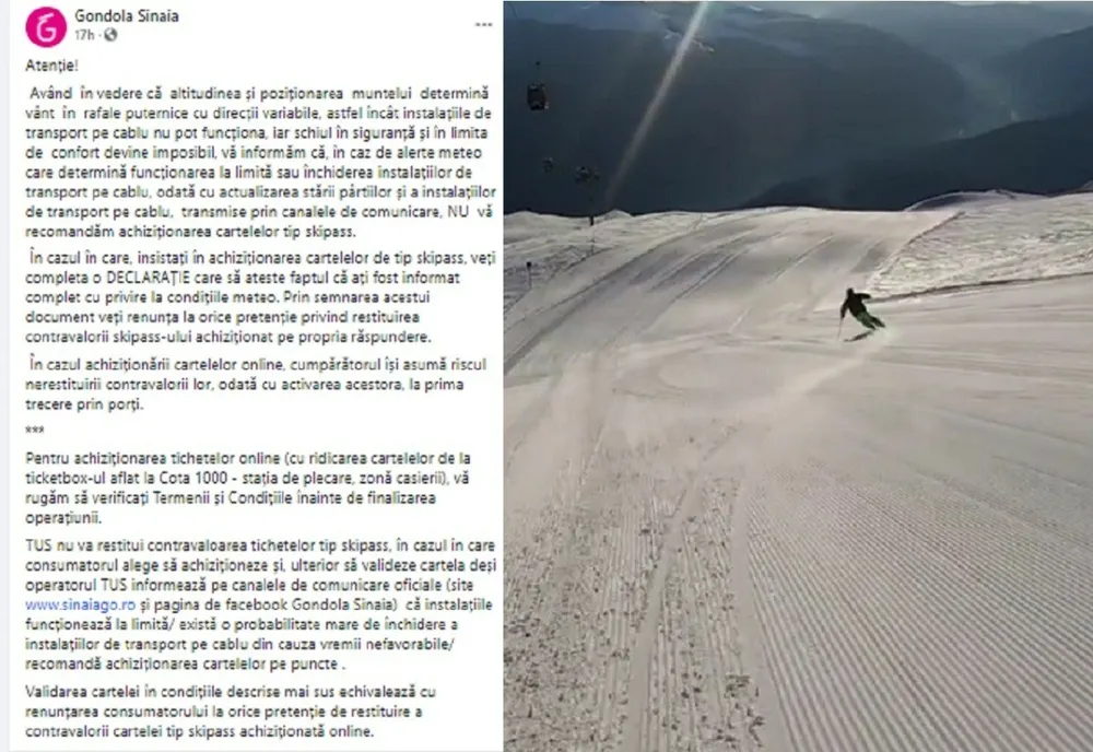 Cartelele tip skipass în Sinaia, pe bază de declarație, din cauza condițiilor meteo