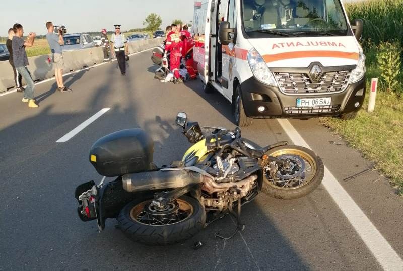 FOTO| Accident pe DN 1, la Liliești. Motociclist în stare foarte gravă, preluat de elicopterul SMURD