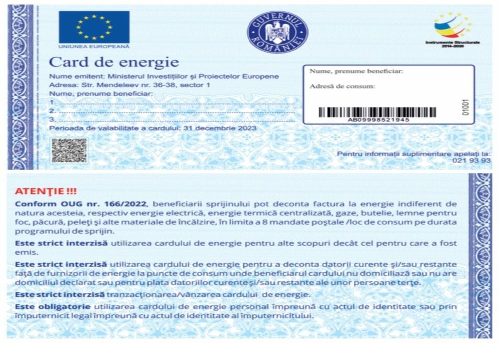 Cardurile de energie vor fi distribuite de la 1 februarie