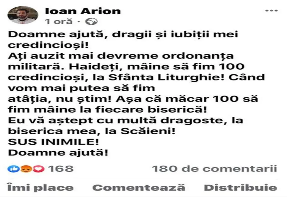 Inconstientă! La câteva minute de la adoptarea Ordonanței Militare, preoții din Prahova chemau enoriașii la slujbă!